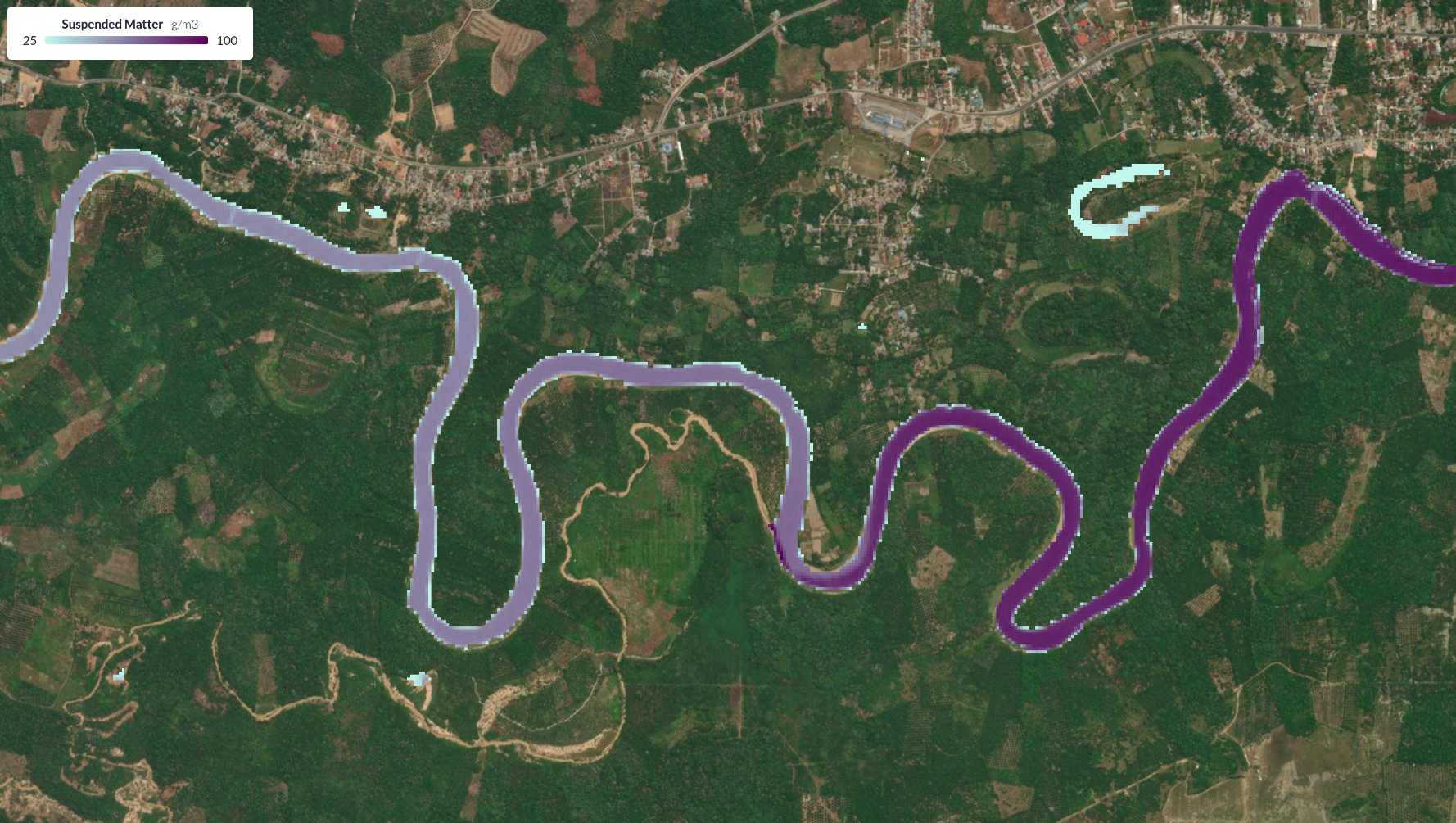 Water quality map showing suspended particulate matter (SPM) concentrations along the Tembesi River, Indonesia
